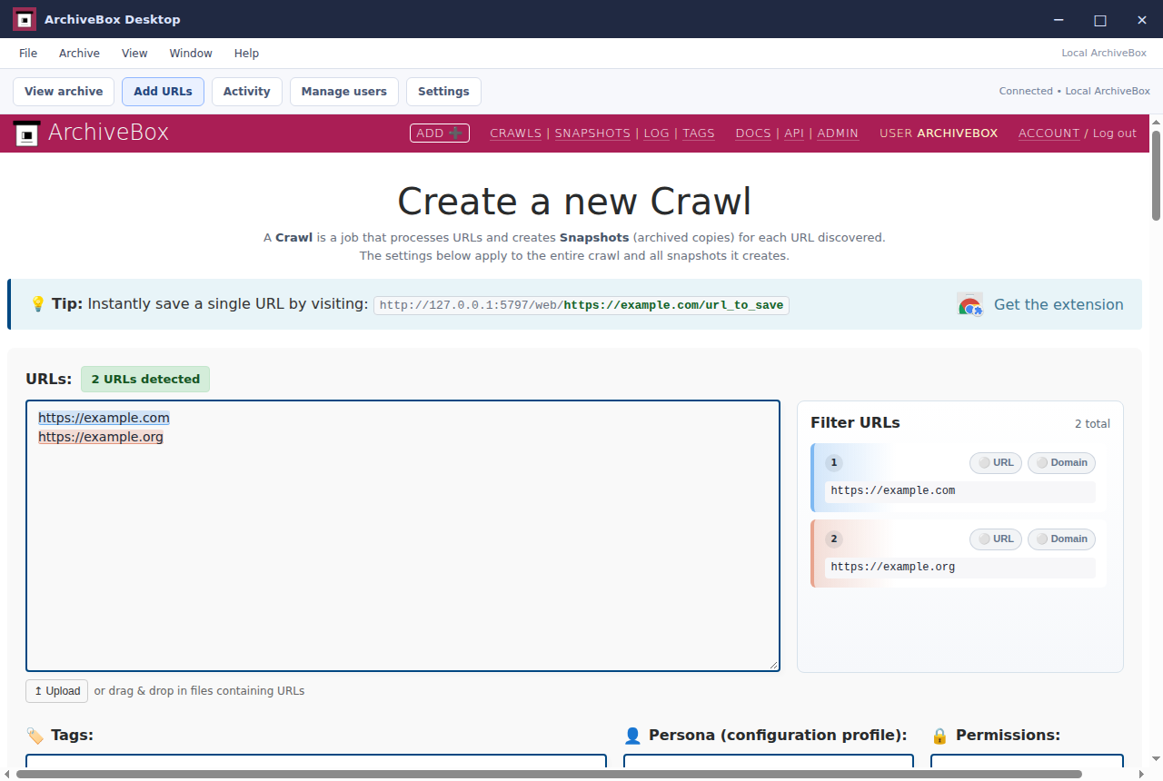Add URLs — real Electron application