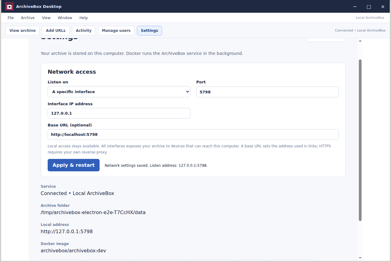 Network settings — real Electron application