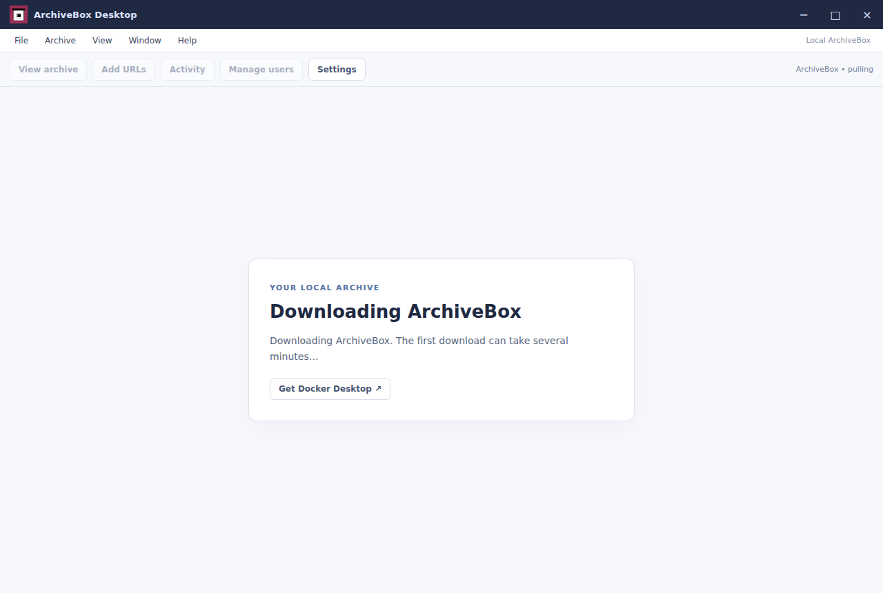 Starting ArchiveBox — real Electron application