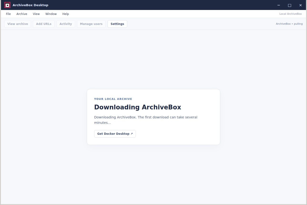 Starting ArchiveBox — real Electron application