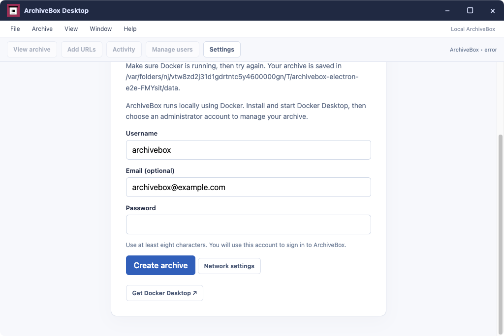 Docker unavailable — real Electron application