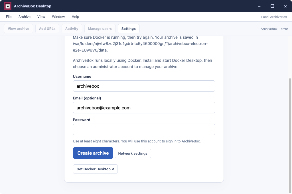 Docker unavailable — real Electron application