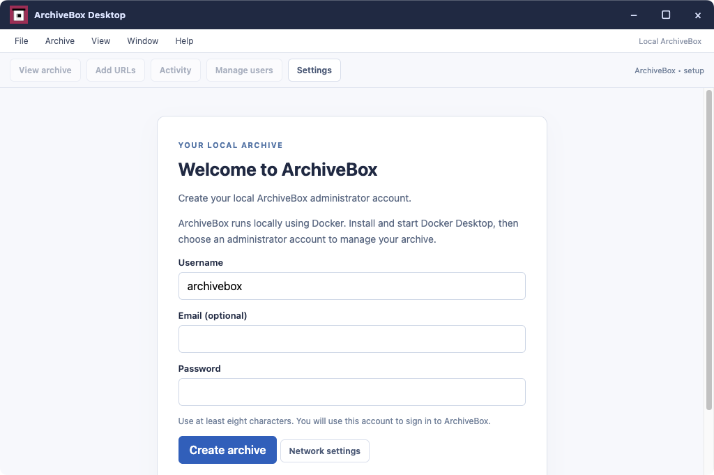 First-run setup — real Electron application